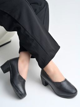 Shoetopia - Black Women Perforated Block Pumps Heels