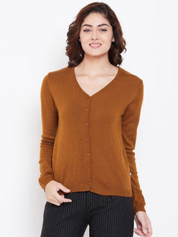 Madame - Solid V Neck Casual Women Beige Sweater