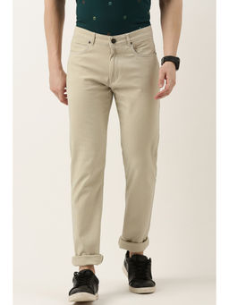 Peter England - Men Cream Solid Super Slim Fit Casual Trousers