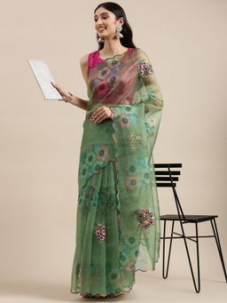 Vastranand - Green Organza Party Wear Saree With Multi Colour Aari Work Butta with Unstitched Blouse