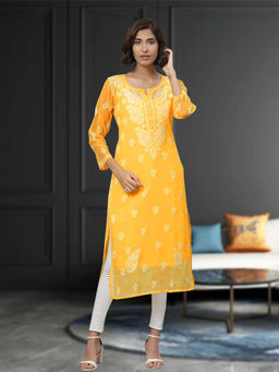 ADA - Yellow Embroidered Kurta with Slip Inside (XS) (A411128)