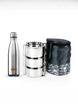 USHA SHRIRAM - Pack of 2- Insulated Tiffin Box with Bag & 500ML Insulated Milo SS Bottle-Silver