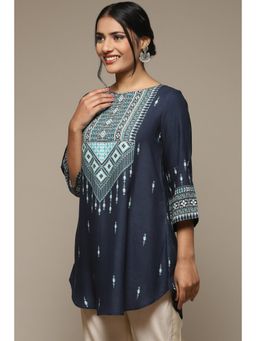 Biba - Women Navy Blue Printed Rayon Straight Kurti