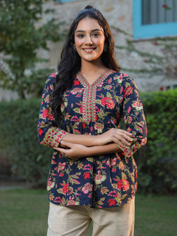 Rain & Rainbow - Women Navy Blue Floral Printed Pure Cotton A-Line Top