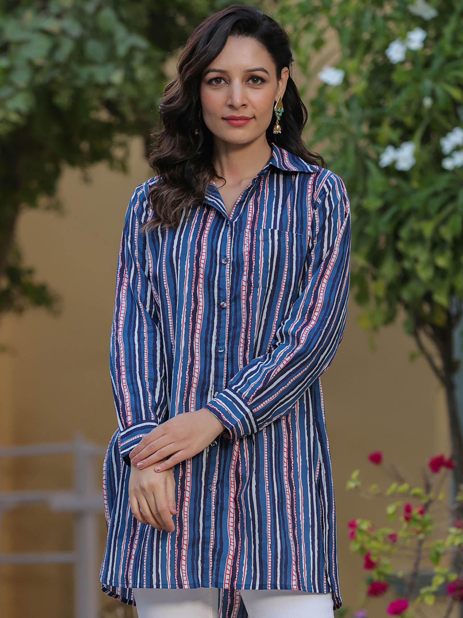 Women Indigo Striped Pure Cotton Shirt Tunic-image-6