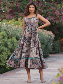 Rain & Rainbow - Multi-Color Shoulder Straps Paisley Print Fit and Flared Cotton Midi Dress