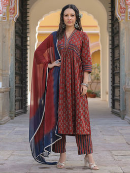 Rain & Rainbow - Maroon Printed Empire Design Anarkali Kurta with Trousers & Dupatta (Set of 3)