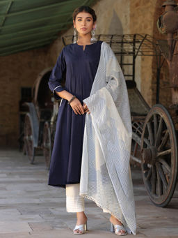 Rain & Rainbow - Navy Blue Solid Yoke Design Anarkali Kurta with Dupatta & Trousers (Set of 3)