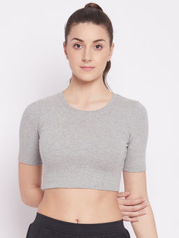Athlisis - Grey Melange Ribbed Fitted Crop Top