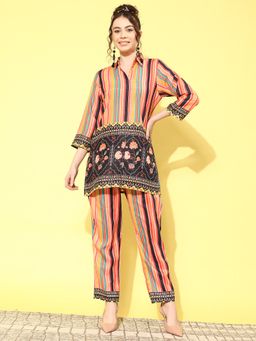 Indo Era - Orange Floral Collar Neck Shirt with Pant