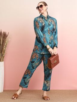 Indo Era - Blue Printed Collar Neck Shirt with Pant