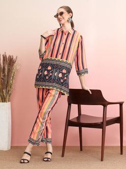 Indo Era - Orange Floral Collar Neck Shirt with Pant