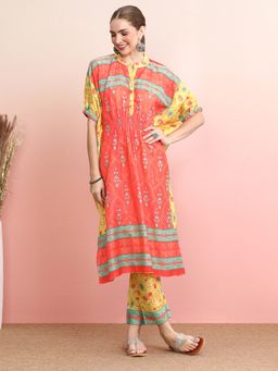 Indo Era - Orange Floral Mandarin Neck Kurta with Pant
