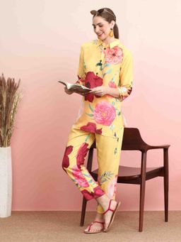 Indo Era - Yellow Floral Collar Neck Shirt with Pant