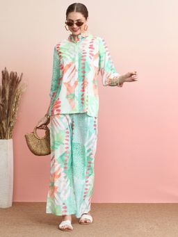 Indo Era - Green Printed Collar Neck Shirt with Palazzo