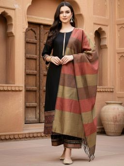 Indo Era - Black Solid/Plain Round Neck Kurta Palazzo with Dupatta