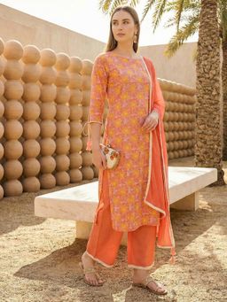 Indo Era - Pink Floral Boat Neck Kurta Pant with Dupatta