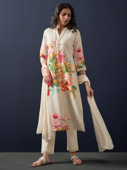 Indo Era - Off White Embroidered Mandarin Neck Kurta Pant with Dupatta