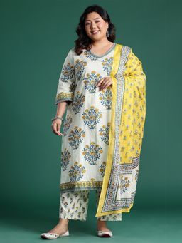 Indo Era - Off White Floral V-Neck Kurta Pant with Dupatta