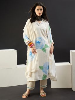 Indo Era - Off White Printed Straight Kurta Pant with Dupatta