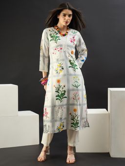 Indo Era - Off White Floral Round Neck Kurta with Pant