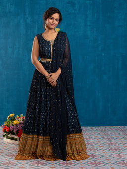 Gajra Gang - Blue Anarkali Kurta with Legging, Dupatta And Belt GGSKD65 (Set of 4)