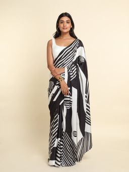 Suta - White And Black Printed Liva Saree