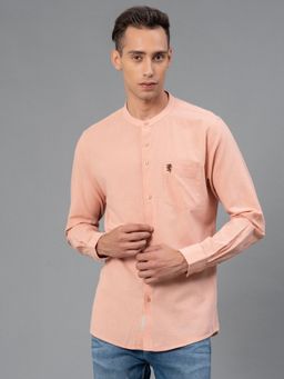 Red Tape - Men's Peach Solid Cotton Linen Band Collar Shirt