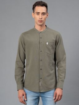Red Tape - Men's Olive Solid Cotton Linen Band Collar Shirt
