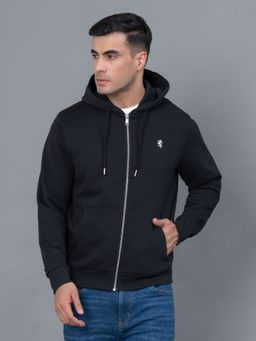 Red Tape - Black Solid Cotton Poly Fleece Men's Hoodie