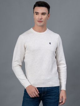Red Tape - Off White Melange Polyester Acrylic Spandex Men's Sweater