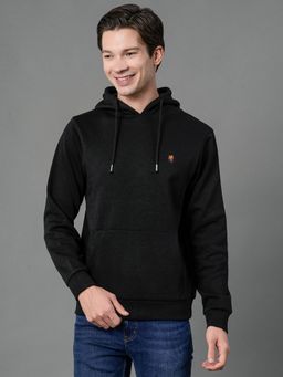 Red Tape - Black Solid Cotton Poly Fleece Men's Hoodie