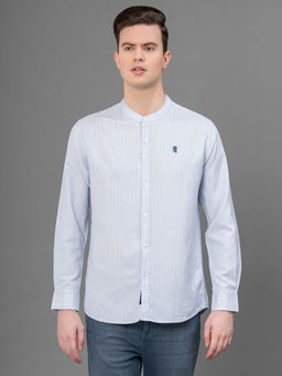 Red Tape - Light Blue Rayon Linen Cotton Mandarin Collar Men Striped Shirt