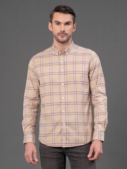 Red Tape - Mens Sand Checks Button Down Collar Poly Cotton Shirt