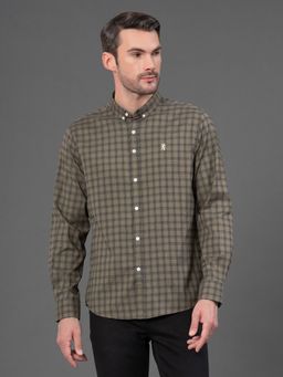 Red Tape - Mens Olive Checks Button Down Collar Poly Cotton Shirt