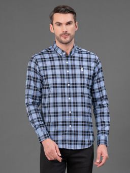 Red Tape - Mens French Blue Checks Button Down Collar Poly Cotton Shirt