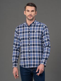 Red Tape - Mens Cobalt Blue Checks Button Down Collar Poly Cotton Shirt