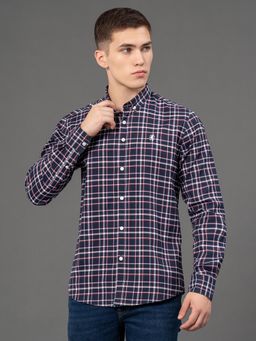 Red Tape - Men's Navy Poly Cotton Button Down Collar Checked Full Sleeve Shirt