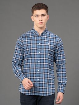 Red Tape - Men's Denim Blue Poly Cotton Button Down Collar Checked Full Sleeve Shirt