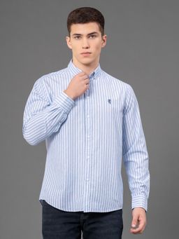 Red Tape - Men's Blue Poly Cotton Button Down Collar Striped Full Sleeve Shirt