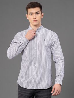 Red Tape - Men's Grey Cotton Poly Button Down Collar Striped Full Sleeve Shirt