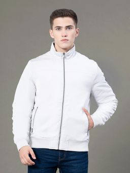 Red Tape - Mens Ice White Solid Polyester Stand Collar Bomber Jacket