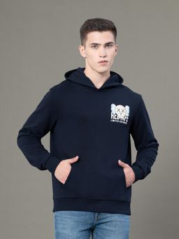 Red Tape - Mens Navy Blue Graphic Print Poly Cotton Fleece Baggy Fit Hoodie