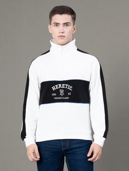 Red Tape - Mens Off White Colorblock Zipper Poly Cotton Mock Neck Baggy Fit Sweatshirt