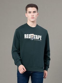 Red Tape - Mens Pine Green Graphic Print Poly Cotton Fleece Round Neck Sweatshirt