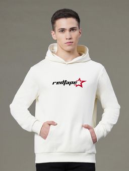 Red Tape - Mens Light Ivory Graphic Print Cotton Polyester Fleece Baggy Fit Hoodie