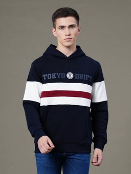 Red Tape - Mens Navy Colorblock, Graphic Print Cotton Polyester Fleece Baggy Fit Hoodie