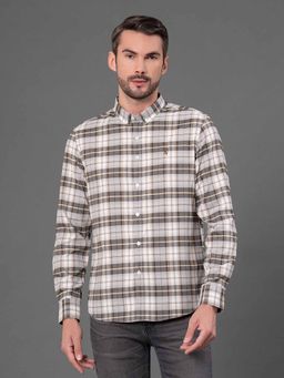 Red Tape - Men Greyish Olive Checks Cotton Polyester Button Down Shirt
