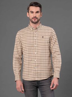 Red Tape - Men Light Brown Checks Cotton Polyester Button Down Shirt