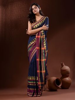 CHARUKRITI - Navy Blue Cotton Handspun Handwoven Saree with Temple Borders with Unstitched Blouse
